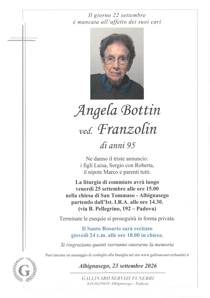 NECROLOGIO - ANGELA BOTTIN - ALBIGNASEGO - 23 SETTEMBRE 2026