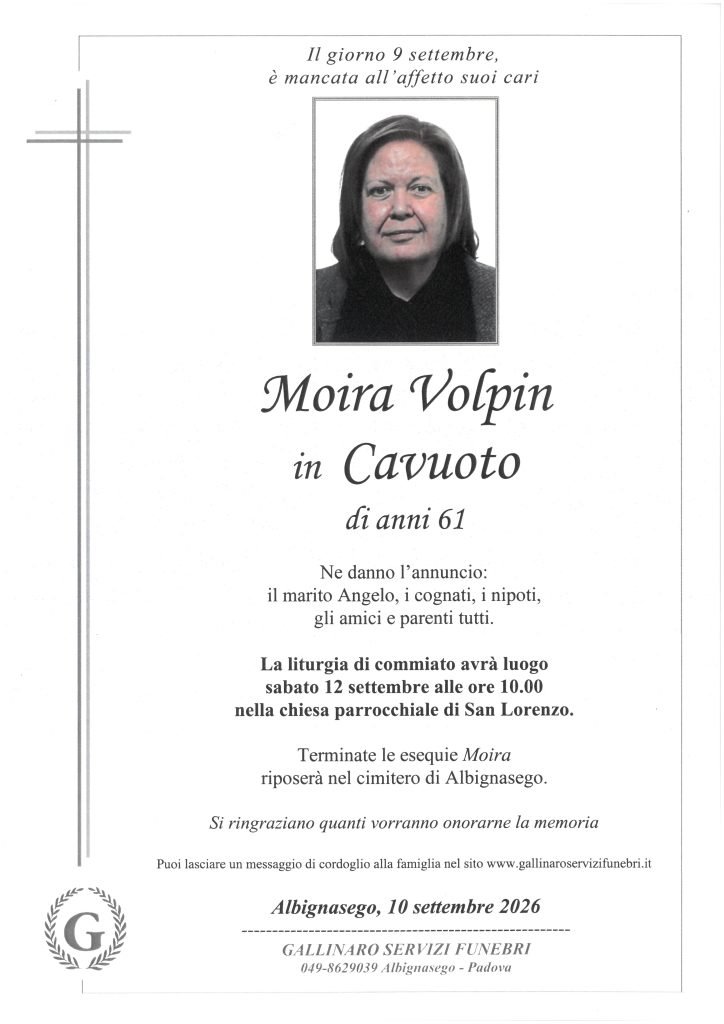 NECROLOGIO - MOIRA VOLPIN - ALBIGNASEGO - 10 SETTEMBRE 2026