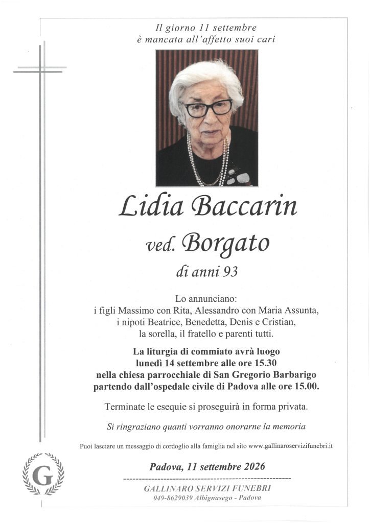 NECROLOGIO - LIDIA BACCARIN - PADOVA - 11 SETTEMBRE 2026