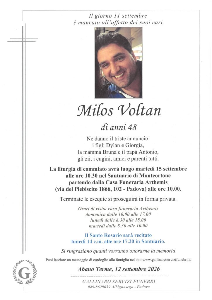 NECROLOGIO - MILOS VOLTAN - ABANO TERME 12 SETTEMBRE 2026