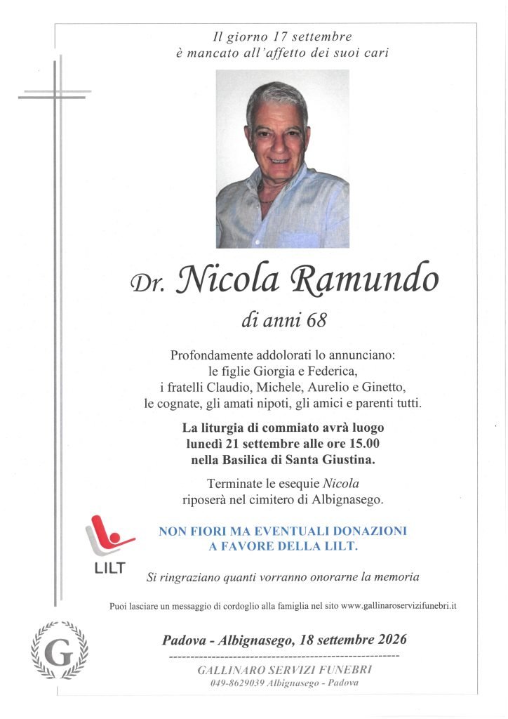 NECROLOGIO - NICOLA RAMUNDO - ALBIGNASEGO - 18 SETTEMBRE 2026